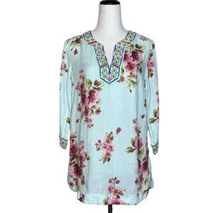 Soft Surroundings Linen Floral Embroidered Beaded Tunic Top XS‎ Blue Oversized